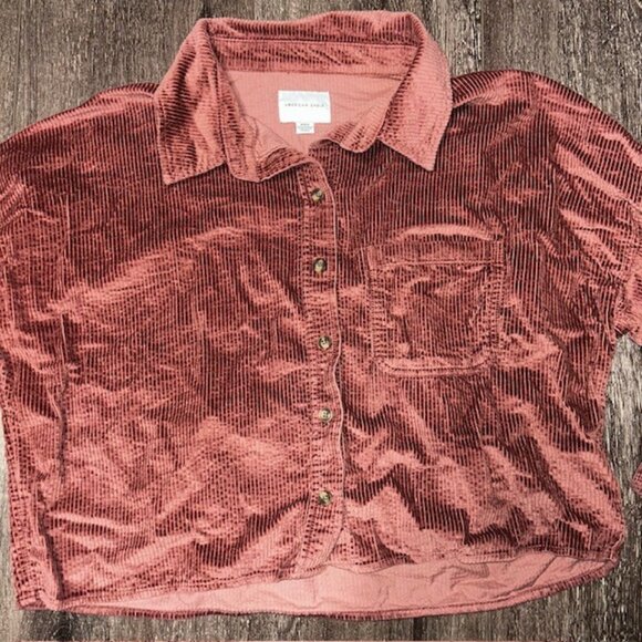 American Eagle AE Cropped Corduroy Trucker Jacket Mauve Pink Womens Medium - Picture 2 of 4